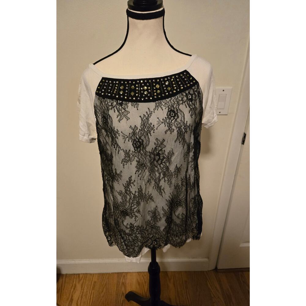 White House Black Market Black Lace Jeweled Cap Sleeve Knit Top